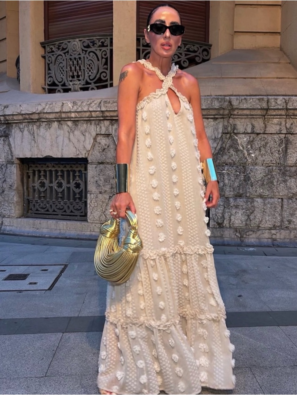 Women’s Cream Halter Maxi Dress with Pom Detail Spring Size S Oversized